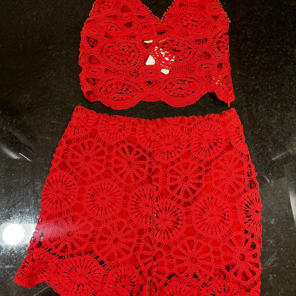 Red Crochet Two-Piece Set